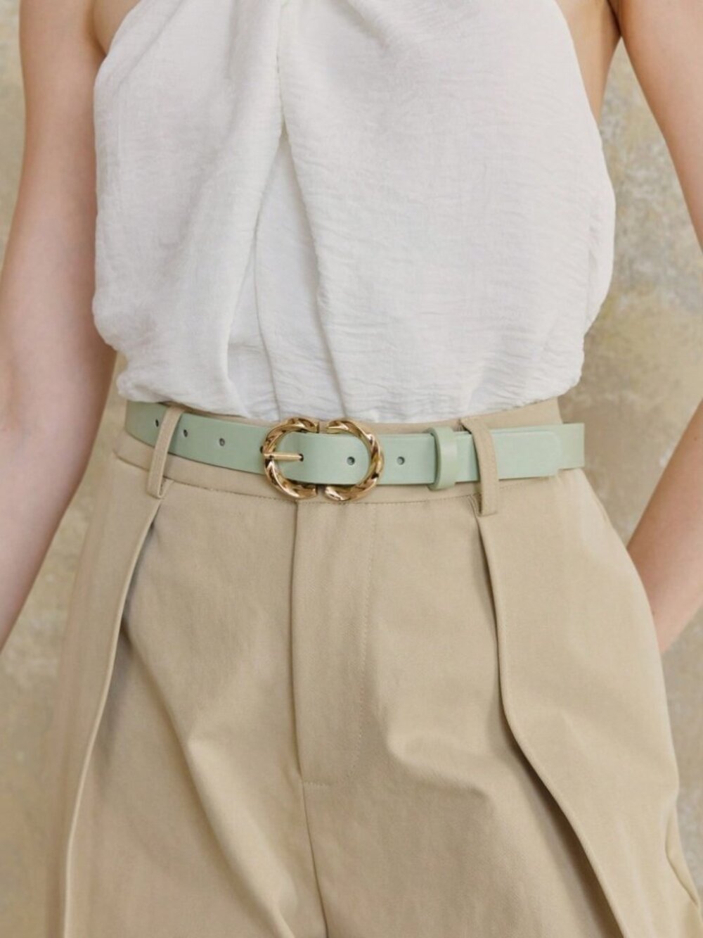 Cream Vegan Leather Belt with Twisted Gold Buckle